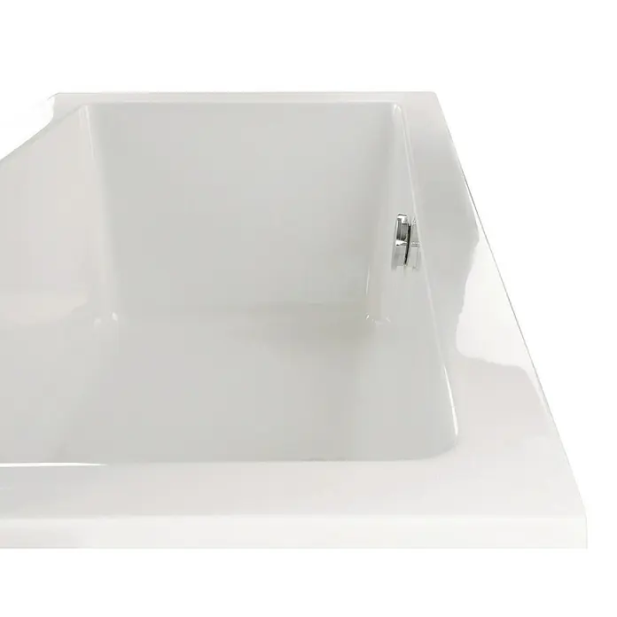 Calmwaters Badewanne Modern Square 2 - Sanitäracryl, Weiß - Nahaufnahme einer weißen Badewanne mit glänzender Oberfläche und einem metallischen Abflussventil.