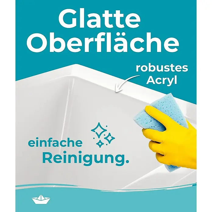 Calmwaters Badewanne Modern Square 2 - Sanitäracryl, Weiß - Bild einer Acrylbadewanne mit glatter Oberfläche, die leicht zu reinigen ist und durch eine Hand mit Schwamm gereinigt wird.