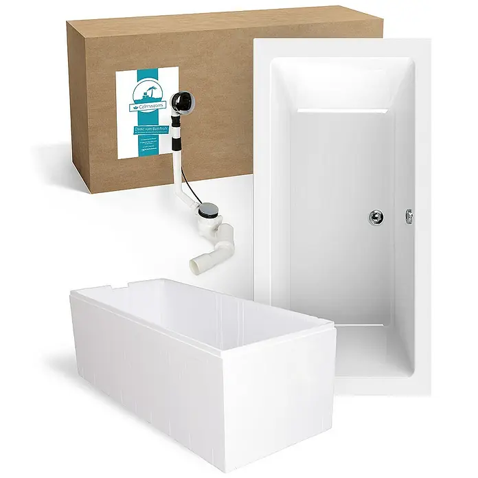Calmwaters Badewanne Modern Square 2 - Sanitäracryl, Weiß - Das Bild zeigt ein neues, unbenutztes Badezimmersanitärset, bestehend aus einer Badewanne, einer Verkleidung und einem Siphon.
