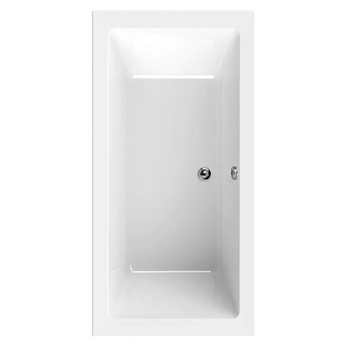 Calmwaters Badewanne Modern Square 2 - Sanitäracryl, Weiß - Blick von oben auf eine rechteckige, weiße Badewanne mit Chromablauf und Überlauf. Sieht sauber und einladend aus.
