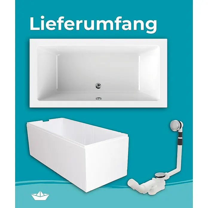 Calmwaters Badewanne Modern Square 2 - Sanitäracryl, Weiß - Das Bild zeigt eine rechteckige Badewanne mit Zubehör. Die weiße Badewanne hat eine moderne Form und ist für jedes Badezimmer geeignet.