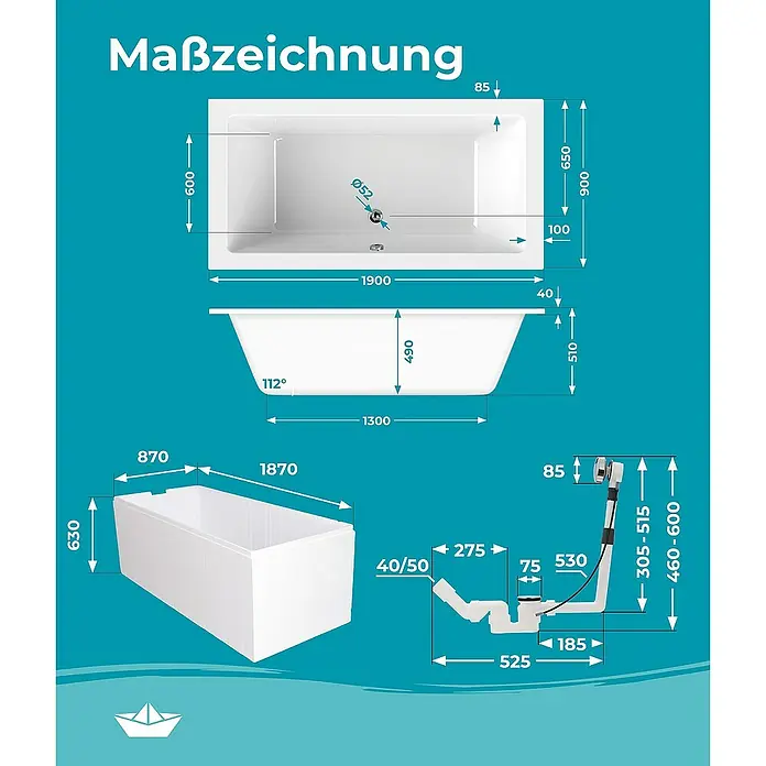 Calmwaters Badewanne Modern Square 2 - Sanitäracryl, Weiß - Maßzeichnung einer Badewanne mit allen relevanten Maßen, einschließlich Länge, Breite und Höhe, sowie Details zum Abfluss.