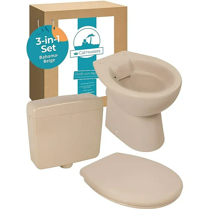 Calmwaters Stand-WC-Set Set mit WC-Sitz und Spülkasten - Spülrandlos, Ohne Spezialglasur, Spülform: Tief, WC Abgang: Waagerecht, Bahamabeige - Das Bild zeigt ein Calmwaters 3-in-1 Set "Bahama-Beige", bestehend aus Bidet, Spülkasten und WC-Sitz, verpackt in einem Karton.