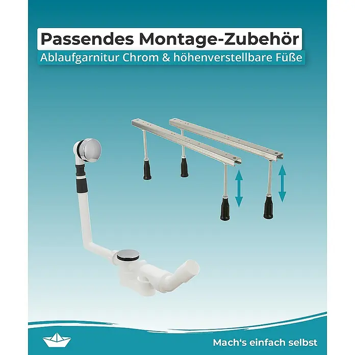 Calmwaters Badewanne Exclusive - Sanitäracryl, Weiß - Passendes Montage-Zubehör: Ablaufgarnitur Chrom mit höhenverstellbaren Füßen für eine einfache Installation und flexible Anpassung.