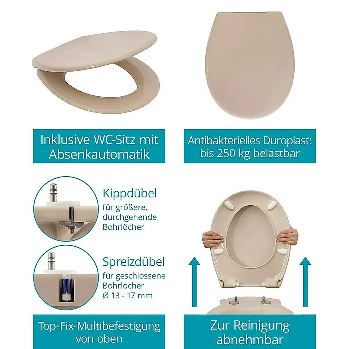 Calmwaters Stand-WC-Set Set mit WC-Sitz und Spülkasten - Spülrandlos, Ohne Spezialglasur, Spülform: Tief, WC Abgang: Waagerecht, Bahamabeige - Bilder eines beigen WC-Sitzes mit verschiedenen Funktionen, einschließlich Absenkautomatik, antibakteriellem Duroplast und Top-Fix-Multibefestigung.
