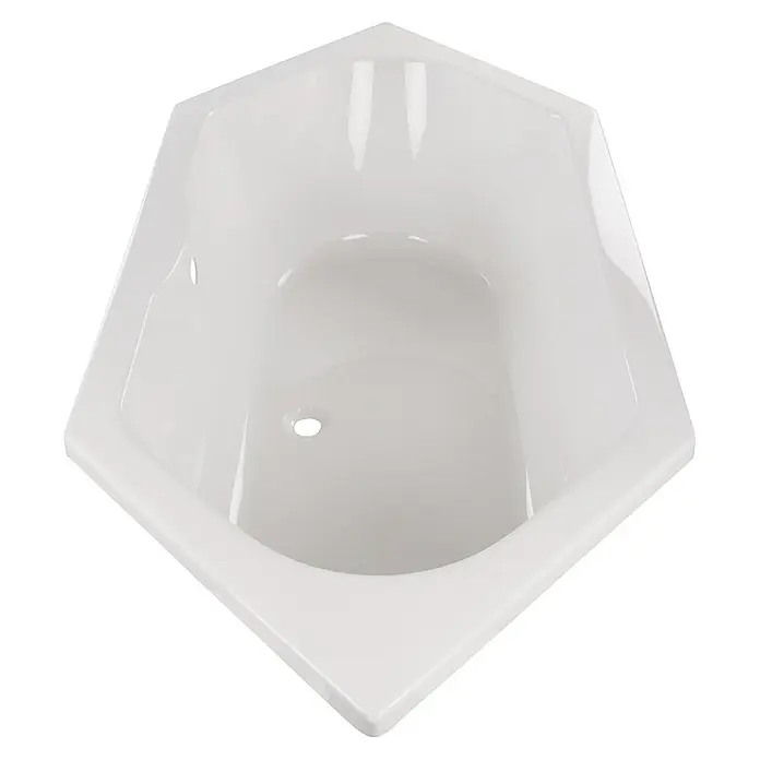 Calmwaters Badewanne Exclusive - Sanitäracryl, Weiß - Helle Aufnahme einer weißen Eckbadewanne. Das Produkt ist aus glänzendem Material gefertigt und hat einen Ablauf in der Mitte.