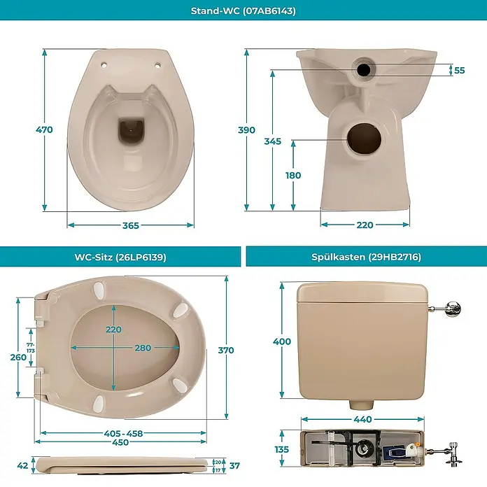 Calmwaters Stand-WC-Set Set mit WC-Sitz und Spülkasten - Spülrandlos, Ohne Spezialglasur, Spülform: Tief, WC Abgang: Waagerecht, Bahamabeige - Abbildung eines Stand-WCs (07AB6143), WC-Sitzes (26LP6139) und Spülkastens (29HB2716) mit Maßangaben.