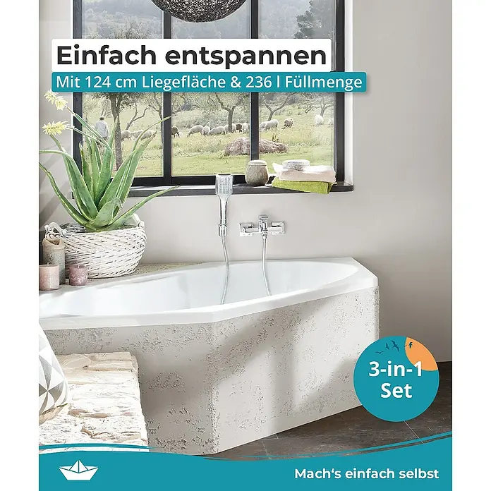 Calmwaters Badewanne Exclusive - Sanitäracryl, Weiß - Das Bild zeigt eine Eckbadewanne mit einer Liegefläche von 124 cm und einem Füllvolumen von 236 Litern, inklusive 3-in-1 Set.