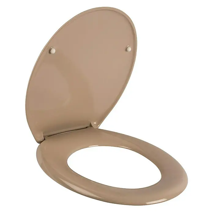 Calmwaters Stand-WC-Set Set mit WC-Sitz und Spülkasten - Spülrandlos, Ohne Spezialglasur, Spülform: Tief, WC Abgang: Waagerecht, Bahamabeige - Beiger Toilettensitz mit ovalem Design und leicht geöffnetem Deckel, ideal für Badezimmerausstattung.