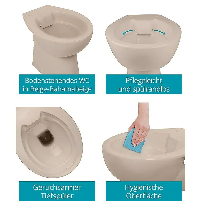 Calmwaters Stand-WC-Set Set mit WC-Sitz und Spülkasten - Spülrandlos, Ohne Spezialglasur, Spülform: Tief, WC Abgang: Waagerecht, Bahamabeige - Stand-WC in Beige-Bahamabeige. Das spülrandlose WC zeichnet sich durch eine besonders hygienische Oberfläche und einen geruchsarmen Tiefspüler aus.