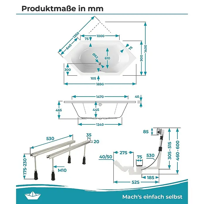 Calmwaters Badewanne Exclusive - Sanitäracryl, Weiß - Produktmaß-Abbildung einer Badewanne mit allen Maßen in Millimetern, inklusive Ablaufgarnitur und Füßen.