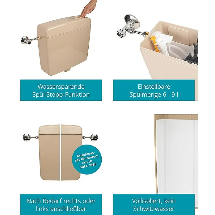 Calmwaters Stand-WC-Set Set mit WC-Sitz und Spülkasten - Spülrandlos, Ohne Spezialglasur, Spülform: Tief, WC Abgang: Waagerecht, Bahamabeige - Spülkasten mit wassersparender Spül-Stopp-Funktion, einstellbarer Spülmenge und Anschluss wahlweise rechts oder links.