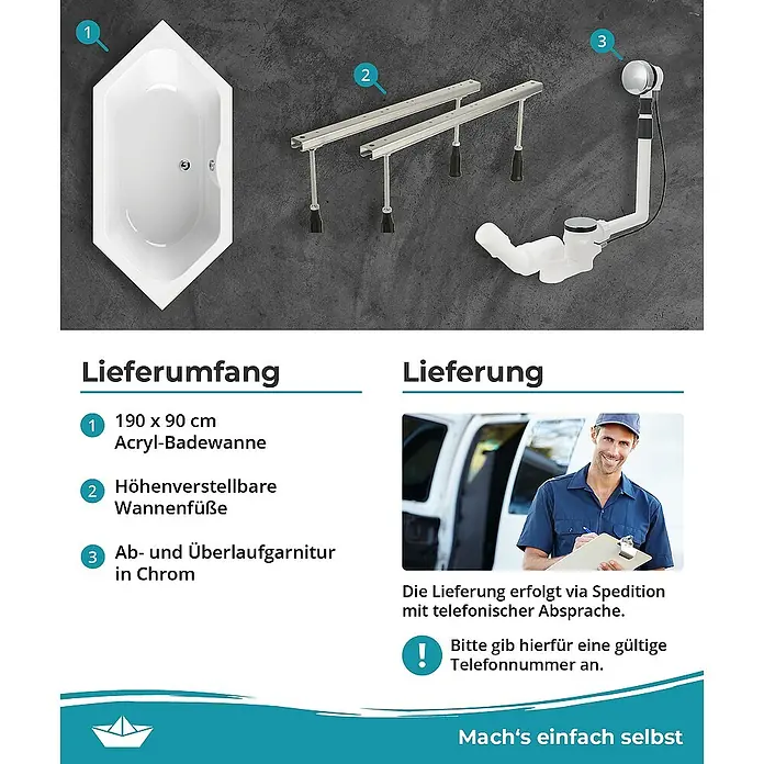 Calmwaters Badewanne Exclusive - Sanitäracryl, Weiß - Produktbild einer Acryl-Badewanne 190x90 cm mit höhenverstellbaren Füßen und Ab- und Überlaufgarnitur in Chrom.