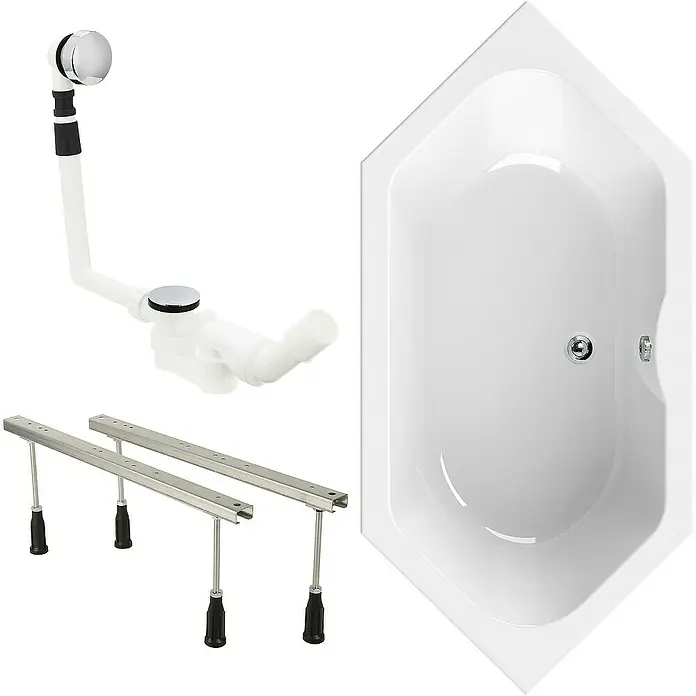Calmwaters Badewanne Exclusive - Sanitäracryl, Weiß - Weisse Eckbadewanne mit Badewannenablaufgarnitur und Füßen zur Montage, präsentiert für eine moderne Badezimmergestaltung.