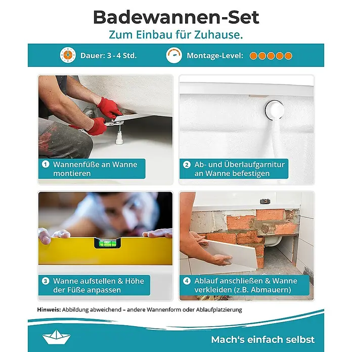 Calmwaters Badewanne Exclusive - Sanitäracryl, Weiß - Badewannen-Set Montageanleitung: Wannenfüße montieren, Ablauf befestigen und die Wanne verkleiden. Montagelevel: einfach.