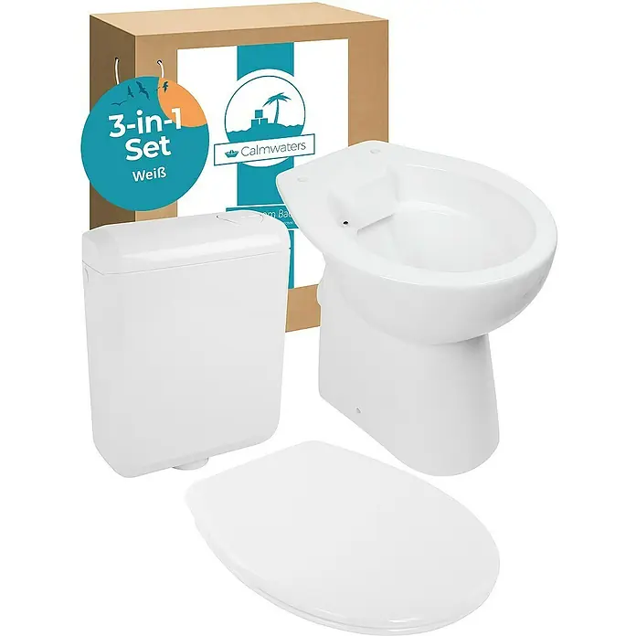 Calmwaters Stand-WC-Set Set mit WC-Sitz und Spülkasten - Spülrandlos, Ohne Spezialglasur, Spülform: Tief, WC Abgang: Waagerecht, Weiß - Ein 3-in-1-Set bestehend aus Toilette, Spülkasten und WC-Sitz in Weiß, verpackt in einem Karton.