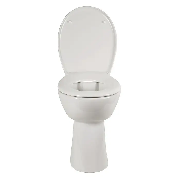 Calmwaters Stand-WC-Set Set mit WC-Sitz und Spülkasten - Spülrandlos, Ohne Spezialglasur, Spülform: Tief, WC Abgang: Waagerecht, Weiß - Nahaufnahme einer weißen Toilette mit offenem Deckel. Das Design ist modern und die Oberfläche glänzt.