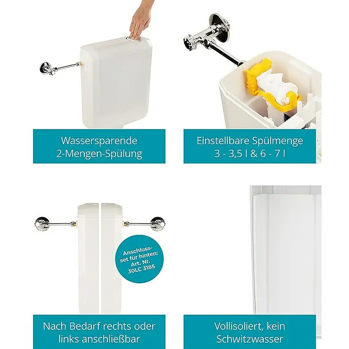 Calmwaters Stand-WC-Set Set mit WC-Sitz und Spülkasten - Spülrandlos, Ohne Spezialglasur, Spülform: Tief, WC Abgang: Waagerecht, Weiß - Produktabbildung eines Toilettenspülkastens mit verschiedenen Funktionen, wie Wassersparung und einstellbare Spülmenge.