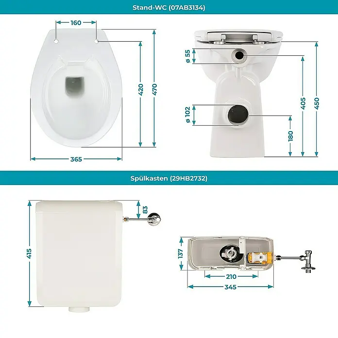 Calmwaters Stand-WC-Set Set mit WC-Sitz und Spülkasten - Spülrandlos, Ohne Spezialglasur, Spülform: Tief, WC Abgang: Waagerecht, Weiß - Technische Zeichnung eines Stand-WCs (07AB3134) und Spülkastens (29HB2732) mit Maßangaben für Sanitärinstallationen.