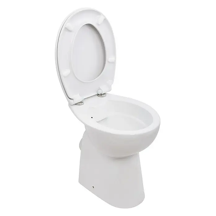 Calmwaters Stand-WC-Set Set mit WC-Sitz und Spülkasten - Spülrandlos, Ohne Spezialglasur, Spülform: Tief, WC Abgang: Waagerecht, Weiß - Weißes Stand-WC mit geöffnetem Deckel für das Badezimmer. Die sanitäre Keramik ist leicht zu reinigen.