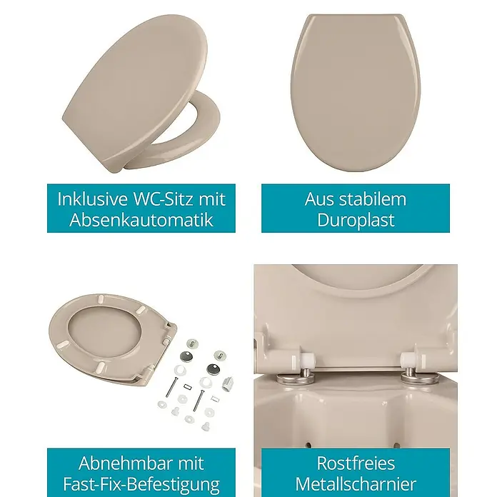 Calmwaters Stand-WC-Set Spülrandlos mit Erhöhung - Spülrandlos, Ohne Spezialglasur, Spülform: Tief, WC Abgang: Waagerecht, Bahamabeige - Das Bild zeigt eine WC-Sitzgarnitur mit Absenkautomatik, hergestellt aus robustem Duroplast und mit Fast-Fix-Befestigung sowie rostfreien Metallscharnieren.