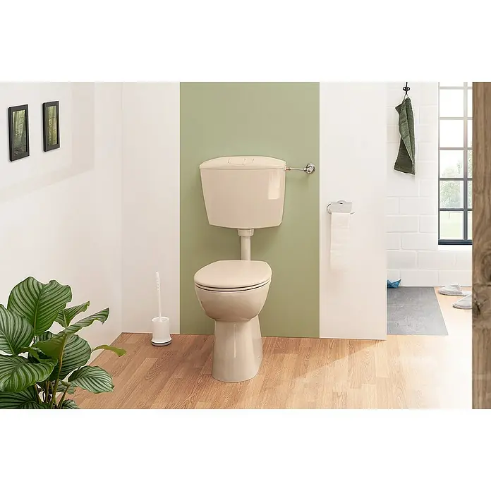 Calmwaters Stand-WC-Set Spülrandlos mit Erhöhung - Spülrandlos, Ohne Spezialglasur, Spülform: Tief, WC Abgang: Waagerecht, Bahamabeige - Nahaufnahme einer cremefarbenen Toilette mit Aufputzspülkasten in einem modernen Badezimmer. Die Toilette dominiert den Raum.