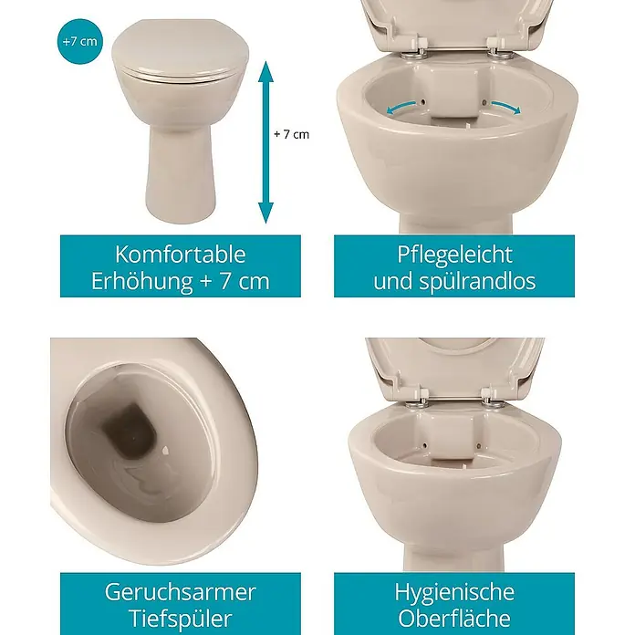 Calmwaters Stand-WC-Set Spülrandlos mit Erhöhung - Spülrandlos, Ohne Spezialglasur, Spülform: Tief, WC Abgang: Waagerecht, Bahamabeige - Eine Standtoilette mit den Eigenschaften Komfortable Erhöhung, Pflegeleicht und spülrandlos, Geruchsarmer Tiefspüler und Hygienische Oberfläche.