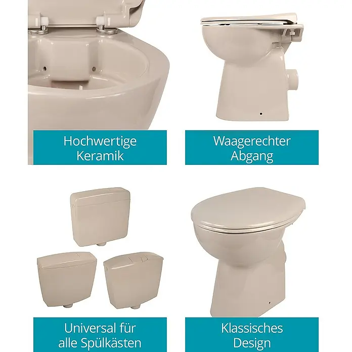 Calmwaters Stand-WC-Set Spülrandlos mit Erhöhung - Spülrandlos, Ohne Spezialglasur, Spülform: Tief, WC Abgang: Waagerecht, Bahamabeige - WC-Komponenten: Hochwertige Keramik, waagerechter Abgang, universal für Spülkästen, klassisches Design.
