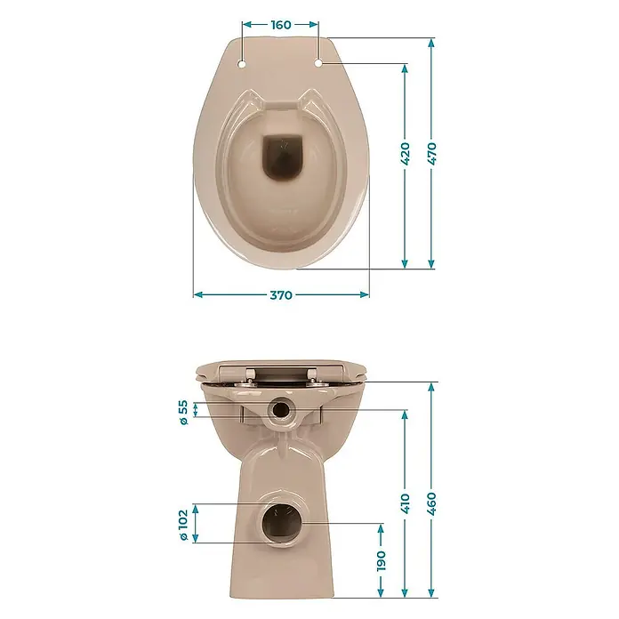 Calmwaters Stand-WC-Set Spülrandlos mit Erhöhung - Spülrandlos, Ohne Spezialglasur, Spülform: Tief, WC Abgang: Waagerecht, Bahamabeige - Technische Zeichnung einer Standtoilette in Beige mit Maßen und Durchmesserangaben für Installateure und Handwerker.