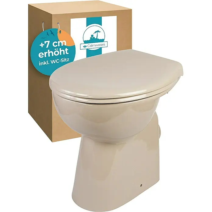 Calmwaters Stand-WC-Set Spülrandlos mit Erhöhung - Spülrandlos, Ohne Spezialglasur, Spülform: Tief, WC Abgang: Waagerecht, Bahamabeige - Erhöhte Toilette mit WC-Sitz und Kartonverpackung. Die Toilette ist erhöht, um Komfort zu bieten.\n