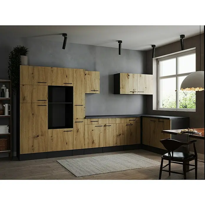 Respekta Olivia Winkelküche - Breite: 370 cm, Artisan Eiche Nachbildung, Ohne Elektrogeräte - Moderne Küche mit Holzfronten und schwarzen Akzenten. Die geräumigen Schränke bieten viel Stauraum und die Beleuchtung sorgt für eine angenehme Atmosphäre.
