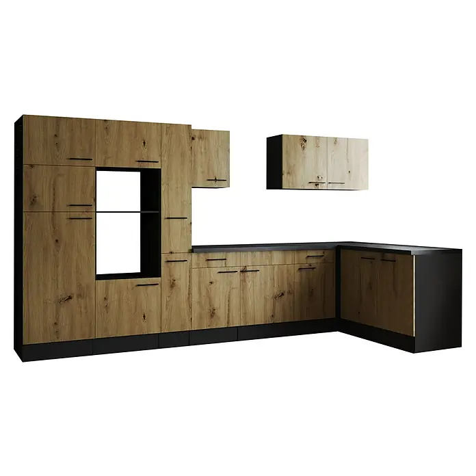 Respekta Olivia Winkelküche - Breite: 370 cm, Artisan Eiche Nachbildung, Ohne Elektrogeräte - Moderne Küche mit hellen Holzfronten und schwarzen Griffen. Das Design kombiniert Funktionalität mit einem natürlichen Look für ein stilvolles Ambiente.