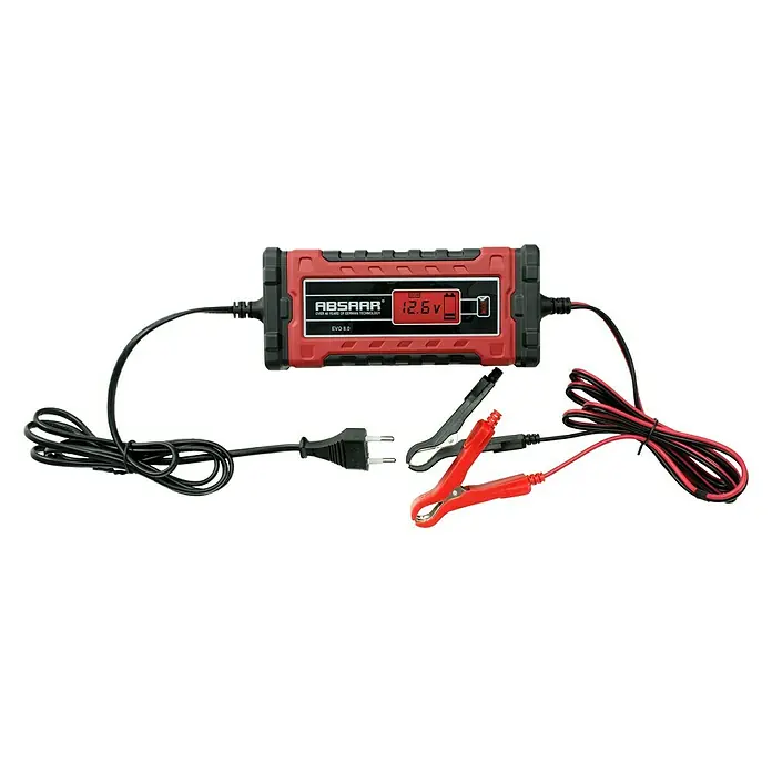 Absaar Batterie-Ladegerät Evo 8.0 - Ladestrom: 8 A, Geeignet für: AGM-/Gel-/Blei-Säure-Batterien 12/24 V - Abbildung eines ABSAAR EVO 8.0 Batterieladegeräts mit Kabeln und Klemmen, ideal zum Laden von Autobatterien.
