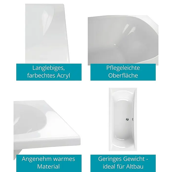 Calmwaters Badewanne Modern Curved - Sanitäracryl, Weiß - Detailansicht einer Badewanne mit Hinweisen zu Acryl, Oberfläche, Material und Gewicht für Altbauten.