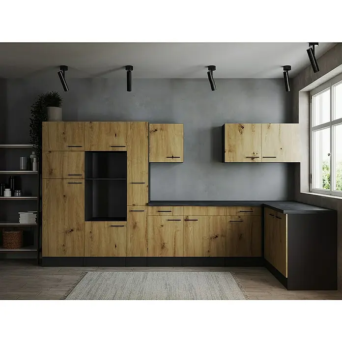 Respekta Olivia Winkelküche - Breite: 370 cm, Artisan Eiche Nachbildung, Ohne Elektrogeräte - Helles, modernes Küchendesign mit Holzschränken, dunkler Arbeitsplatte und Regalen. Die Spotlights akzentuieren das elegante Interieur.