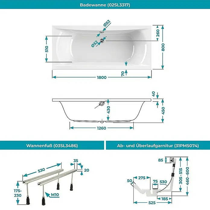 Calmwaters Badewanne Modern Curved - Sanitäracryl, Weiß - Technische Zeichnung einer Badewanne mit Zubehör.