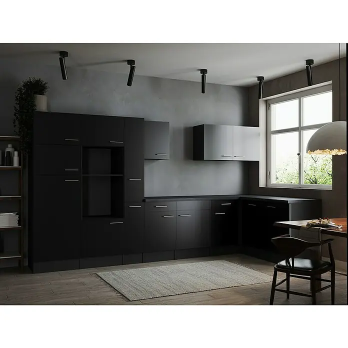 Respekta Olivia Winkelküche - Breite: 370 cm, Schwarz, Ohne Elektrogeräte - Modernes Küchendesign mit schwarzen Schränken, einer Arbeitsplatte und einem stilvollen Teppich. Perfekt für zeitgemäße Wohnräume.