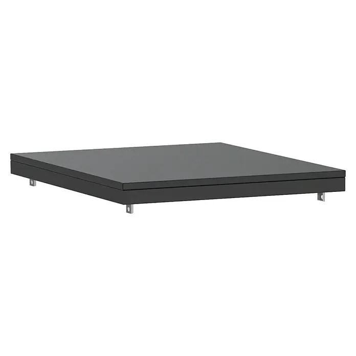 Cozze Elements Arbeitsplatte - HPL (Hochdrucklaminat), B x T x H: 49,5 x 60 x 1,5 cm - Nahaufnahme einer quadratischen schwarzen Aufputz-Duschrinne für Badezimmer mit minimalistischem Design und klaren Linien.