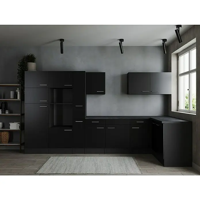 Respekta Olivia Winkelküche - Breite: 370 cm, Schwarz, Ohne Elektrogeräte - Elegante schwarze Küchenzeile mit modernen Strahlern und hellem Teppich. Das Design ist minimalistisch und stilvoll, bietet viel Stauraum.