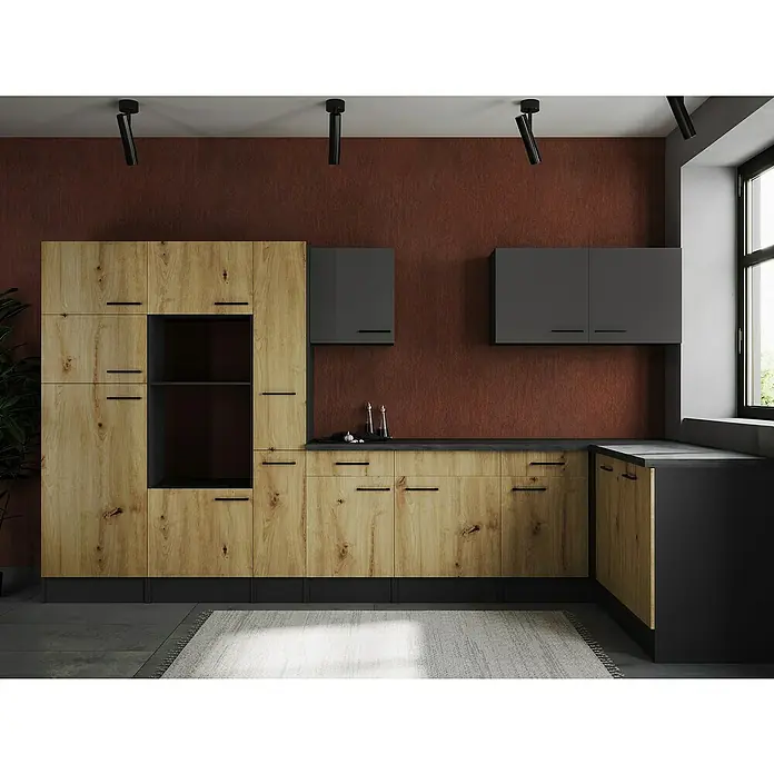 Respekta Olivia Winkelküche - Breite: 370 cm, Artisan Eiche Nachbildung/Grau, Ohne Elektrogeräte - Diese moderne Küche verfügt über natürliche Holztöne und elegante, graue Akzente, die ein harmonisches und stilvolles Ambiente schaffen.
