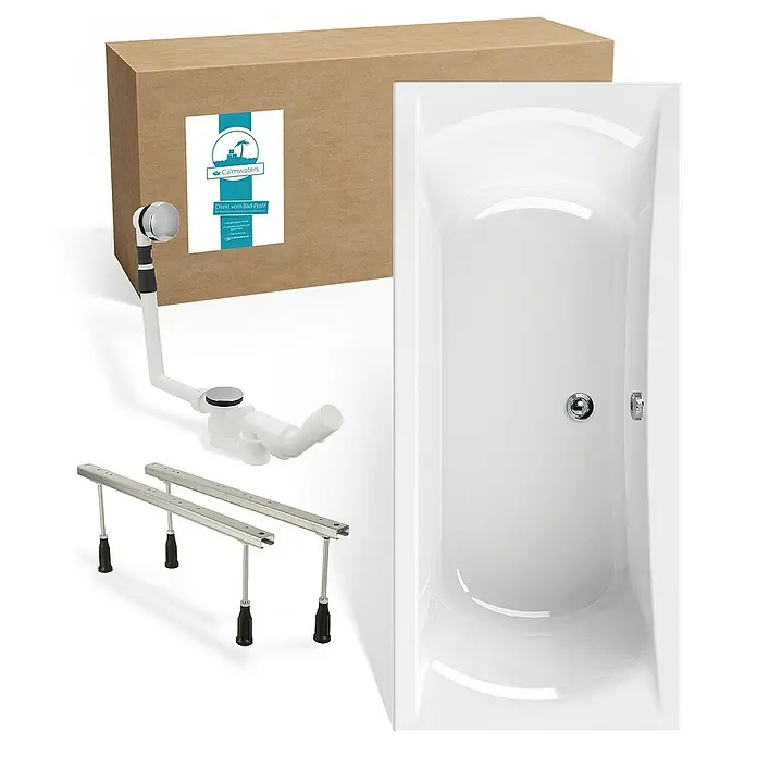 Calmwaters Badewanne Modern Curved - Sanitäracryl, Weiß - Dieses Bild zeigt eine rechteckige Badewanne mit Zubehör, inklusive Ablaufgarnitur und Füßen, vor einem Karton.