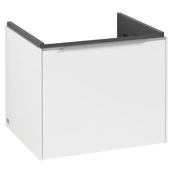 Villeroy & Boch Subway 3.0 Waschbeckenunterschrank - Pure White, Anzahl Schubladen: 1 Stk., Farbe Griff: Aluminium glänzend, B x T x H: 52,3 x 44,8 x 42,9 cm, Mit Beleuchtung - Nahaufnahme eines weißen Waschtischunterschranks mit einer grauen Abdeckung, der modernes Baddesign und Funktionalität vereint.