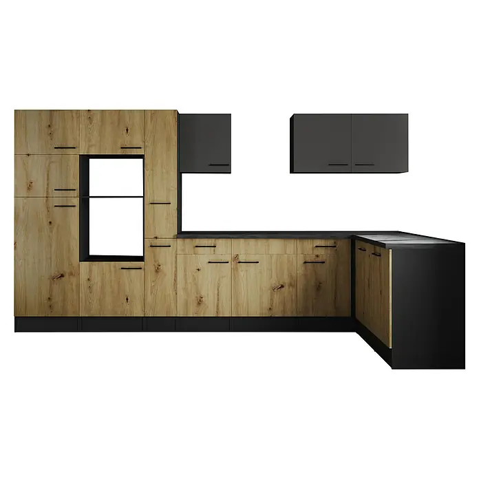 Respekta Olivia Winkelküche - Breite: 370 cm, Artisan Eiche Nachbildung/Grau, Ohne Elektrogeräte - Abgebildete moderne Küche mit Holzfronten, grauen Hängeschränken und schwarzer Arbeitsplatte, die ein elegantes und funktionales Design bietet.