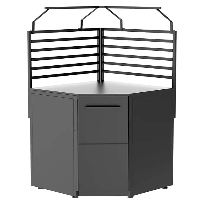 Cozze Elements Halterung für Lichtschlauch - Stahl/Aluminium, Passend für: Cozze Elements Rückwand Eckmodul - Bild eines Eckschreibtischunterschranks mit Drehsäule für Bürobedarf, ideal zur Organisation.
