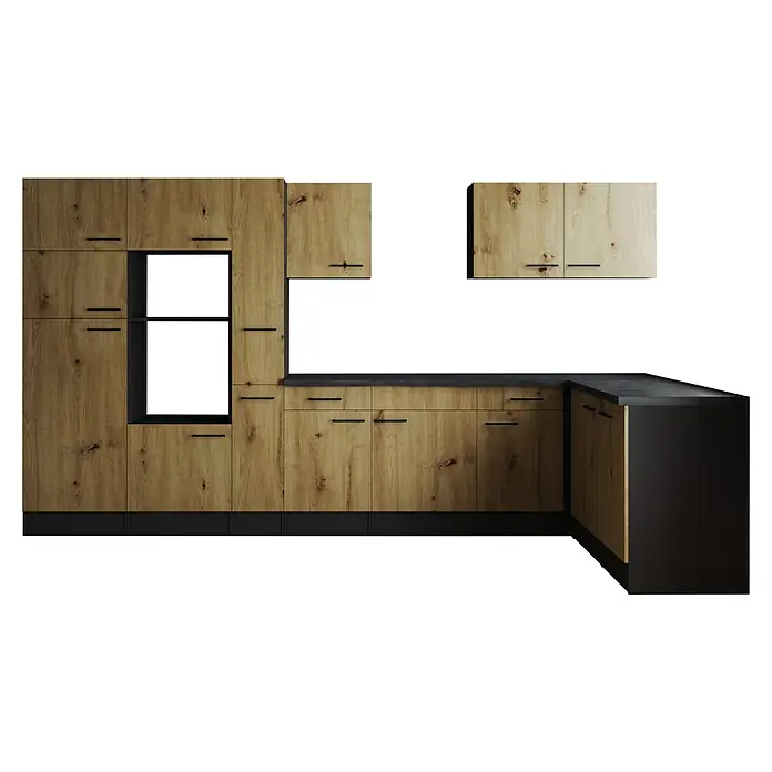 Respekta Olivia Winkelküche - Breite: 370 cm, Artisan Eiche Nachbildung, Ohne Elektrogeräte - Küchenansicht mit Holzschränken, schwarzen Griffen und Arbeitsplatten. Eine moderne und stilvolle Kücheneinrichtung für Ihr Zuhause.