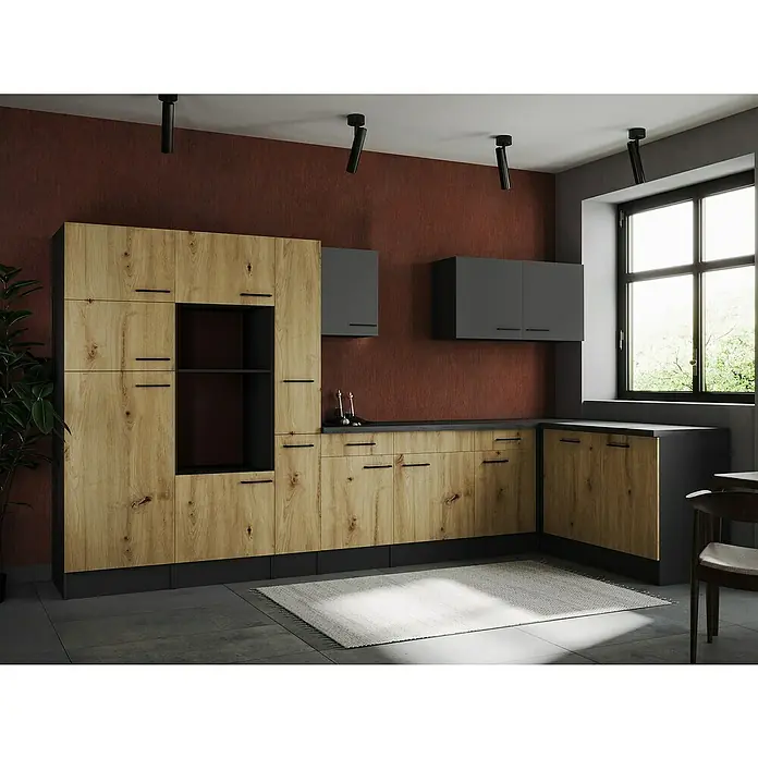 Respekta Olivia Winkelküche - Breite: 370 cm, Artisan Eiche Nachbildung/Grau, Ohne Elektrogeräte - Moderne Küche mit Holzfronten und grauen Akzenten, inklusive Hängeschränken und integriertem Regal. Stilvolles Design für ein modernes Zuhause.
