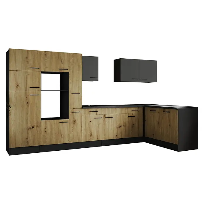 Respekta Olivia Winkelküche - Breite: 370 cm, Artisan Eiche Nachbildung/Grau, Ohne Elektrogeräte - Küchenmöbel in Holzoptik mit grauen Akzenten. Moderne Gestaltung mit viel Stauraum und klaren Linien.
