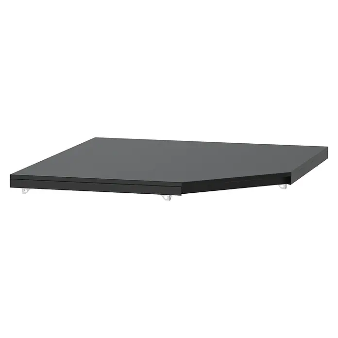 Cozze Elements Arbeitsplatte Eckschrank - HPL (Hochdrucklaminat), B x T x H: 90 x 90 x 1,5 cm - Eine Nahaufnahme eines schwarzen Regals mit einer glatten Oberfläche, das sich ideal für die Aufbewahrung von Gegenständen oder als Präsentationsfläche eignet.
