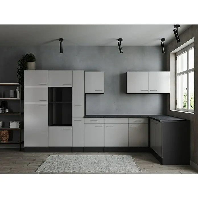 Respekta Olivia Winkelküche - Breite: 370 cm, Weiß, Ohne Elektrogeräte - Eine moderne Küche in Grau mit schwarzen Akzenten und minimalistischen Schränken bietet stilvollen Stauraum.