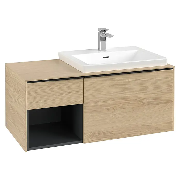 Villeroy & Boch Subway 3.0 Waschbeckenunterschrank - Nordik Oak, Anzahl Schubladen: 2 Stk., Farbe Griff: Volcano Black, B x T x H: 100,1 x 51,6 x 42,3 cm, Mit Beleuchtung, Offenes Fach links - Der moderne Waschtischunterschrank mit Waschtisch und Armatur besticht durch sein stilvolles Design und seine funktionale Gestaltung.